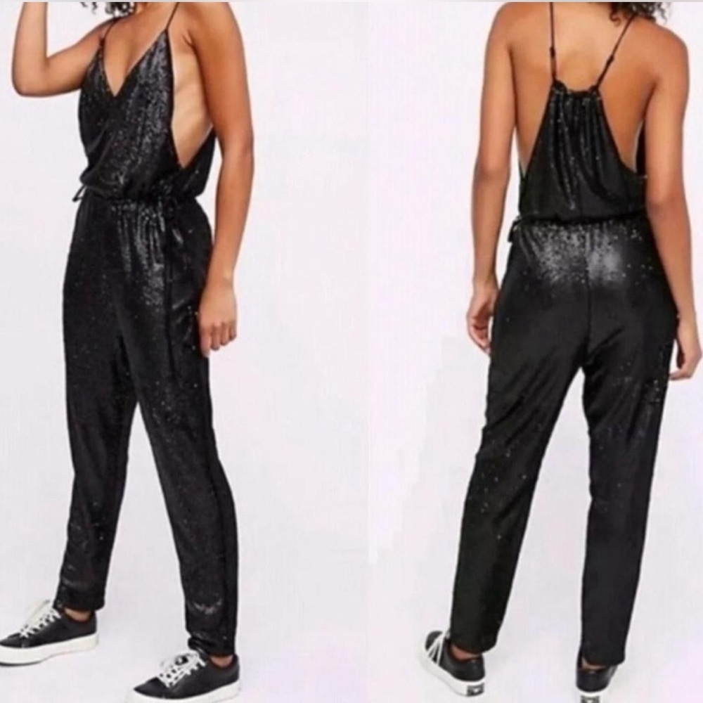 Free People Black Sequined Jumpsuit Relaxed Fit Sleeveless